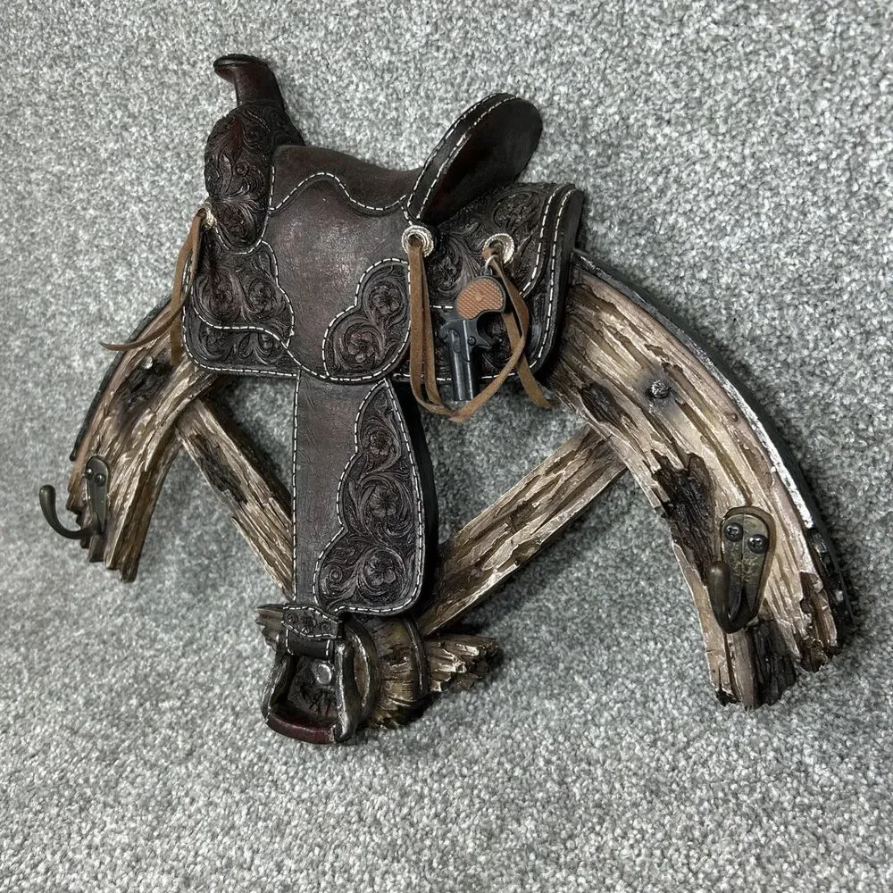 Western Wagon Wheel Horse Saddle Decor Coat Hat Rack with Hooks 14" Wide Heavy - Picture 3 of 12